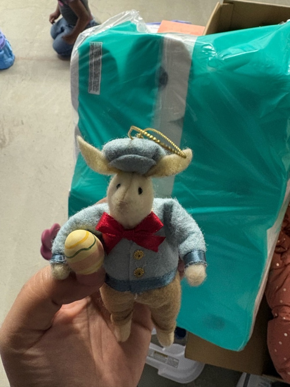 Plush Bunny Ornament in Light Blue and Cream with Red Bow